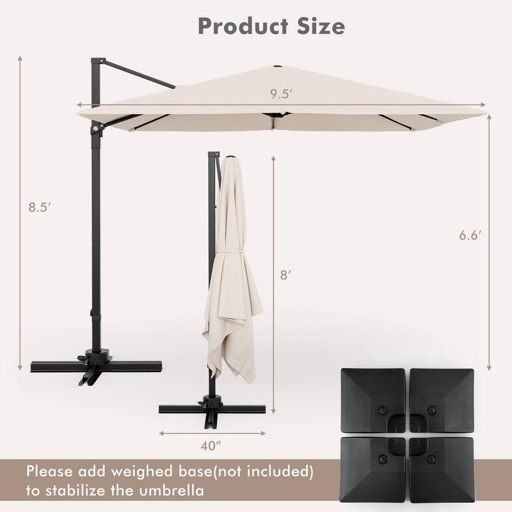 Tangkula Patio 9.5FT Square Cantilever Offset Umbrella Double Vented 360° Heavy Duty Beige