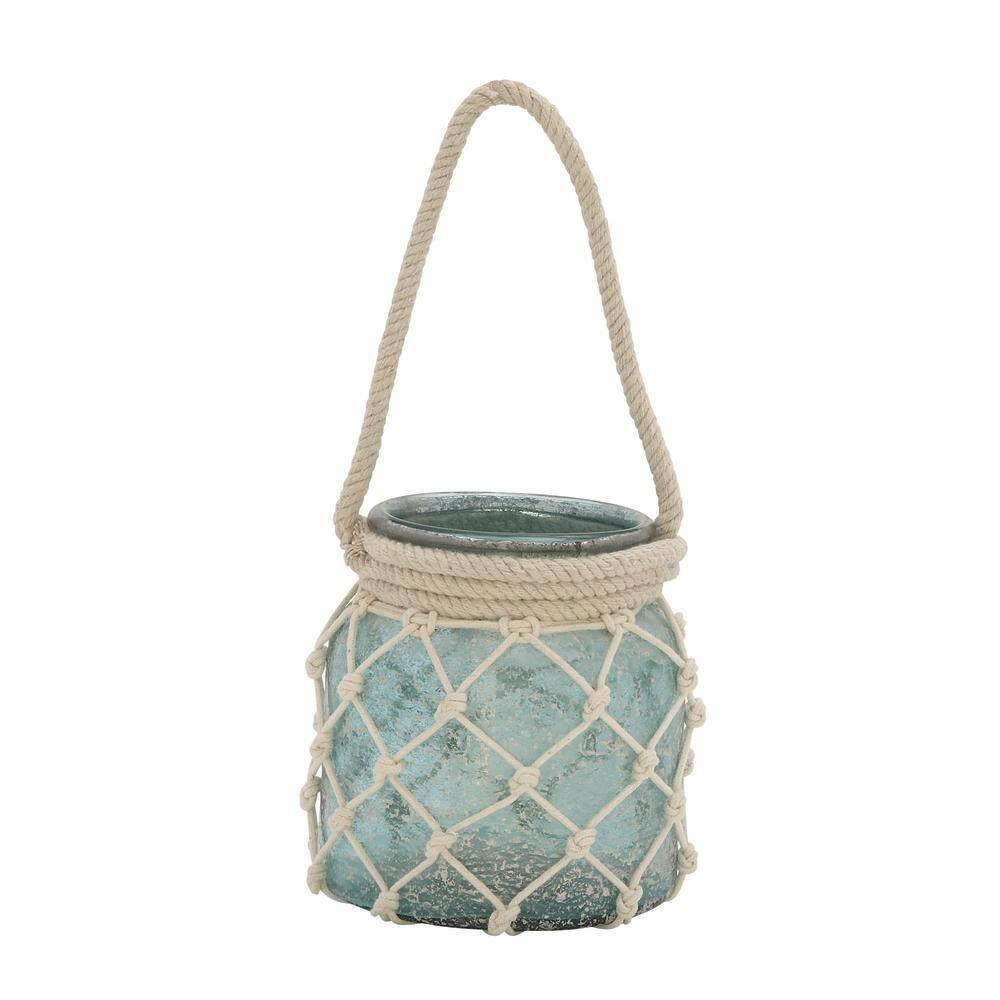 DecMode Blue Glass Decorative Candle Lantern with Rope Handle