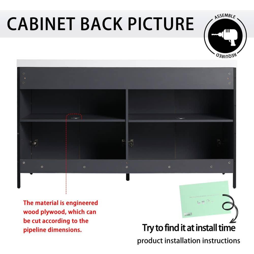SSLine 60" Bathroom Vanity with Double Sink Mid-Century Modern Bathroom Sink Cabinet Freestanding Bathroom Vanities with Double White Top Basin and Adjustable Storage Shelves, Natural Brown Stripe