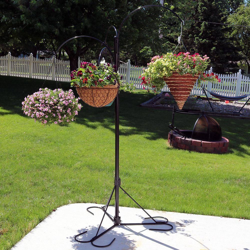 Sunnydaze 4-Arm Garden Hanging Basket Flower Plant Stand with Adjustable Arms - 84" - Black