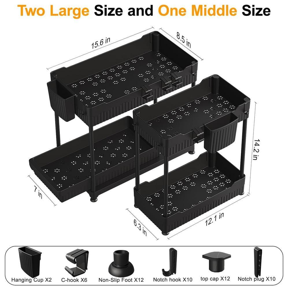 Adeco Trading Under Sink Organizer, 2-Tier Multi-Use Kitchen Bathroom Organizers And Storage With Sliding Drawer，Bathroom Cabinet Organizer (Black, 3 Pack)