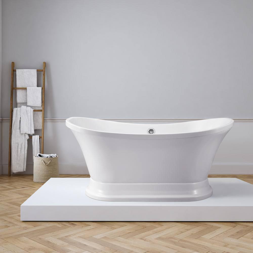 68" Streamline Freestanding Soaking Acrylic Bathtub With Drain and Bamboo Tray
