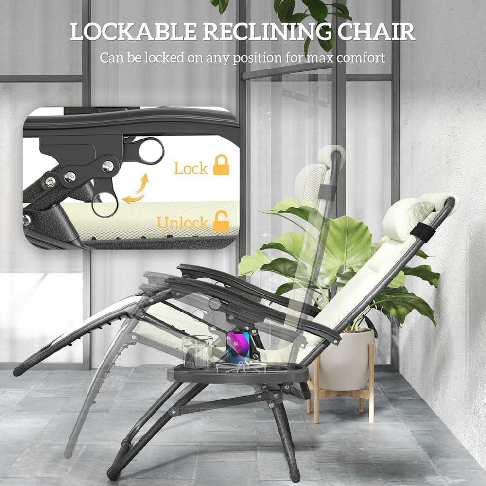 Outsunny Zero Gravity Lounge Chair Set of 2 Reclining Folding Outdoor Lounge Chairs with Cushion, Headrest, and Side Tray for Patio Beach, Cream White