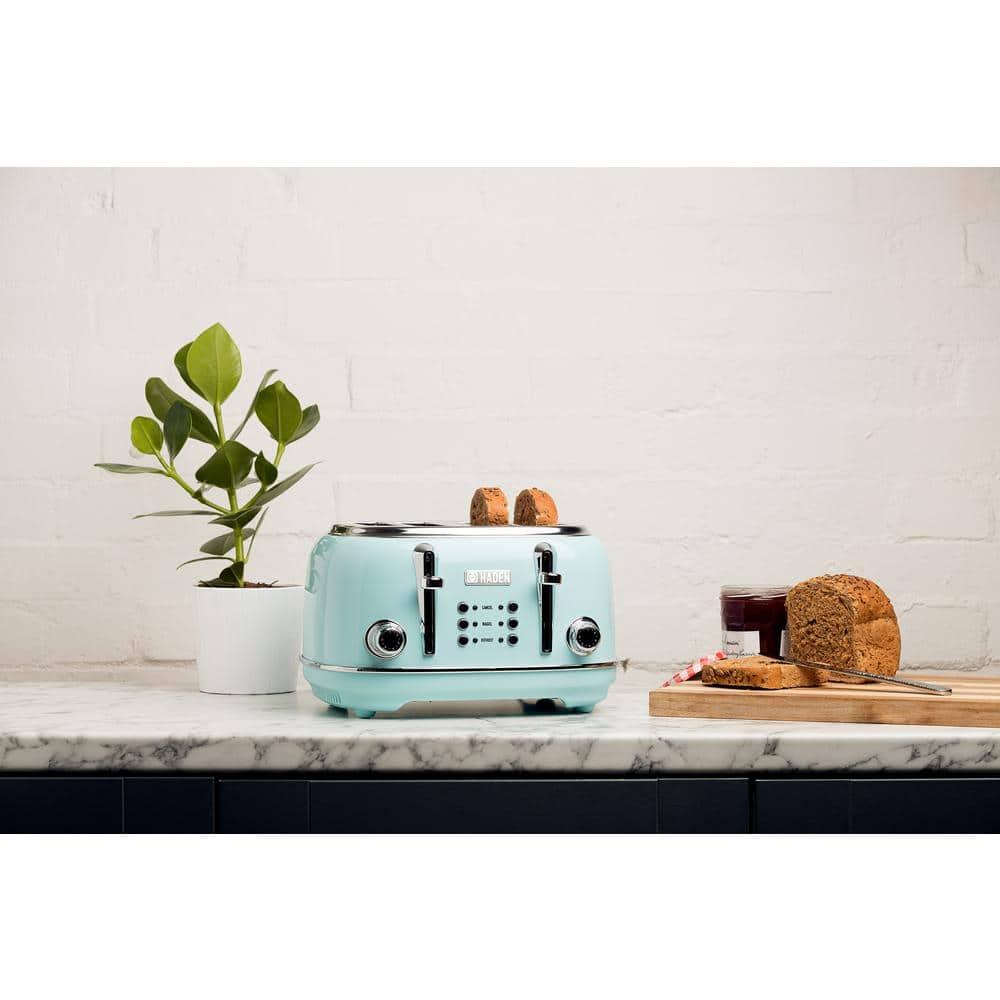 Haden Heritage 4 Slice Wide Slot Stainless Steel Toaster with Adjustable Browning Control & Non-Slip Feet, Turquoise & Chrome