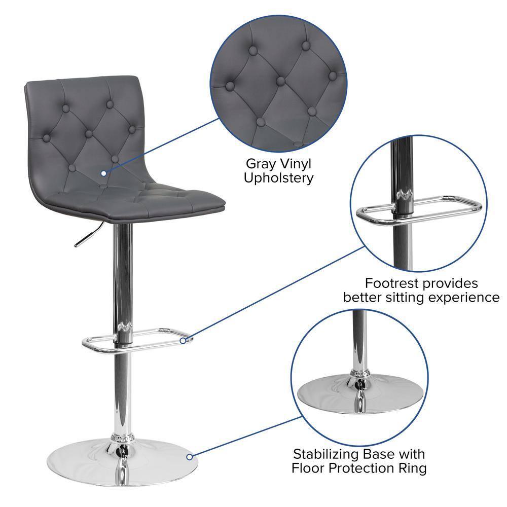 Flash Furniture Contemporary Button Tufted Gray Vinyl Adjustable Height Barstool with Chrome Base