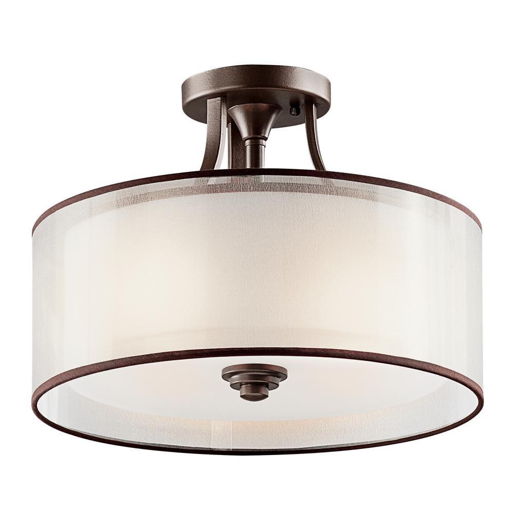 Lacey 15" 3 Light Semi Flush with Satin Etched Cased Opal Inner Diffusers and White Translucent Organza Outer Shade in Antique Pewter