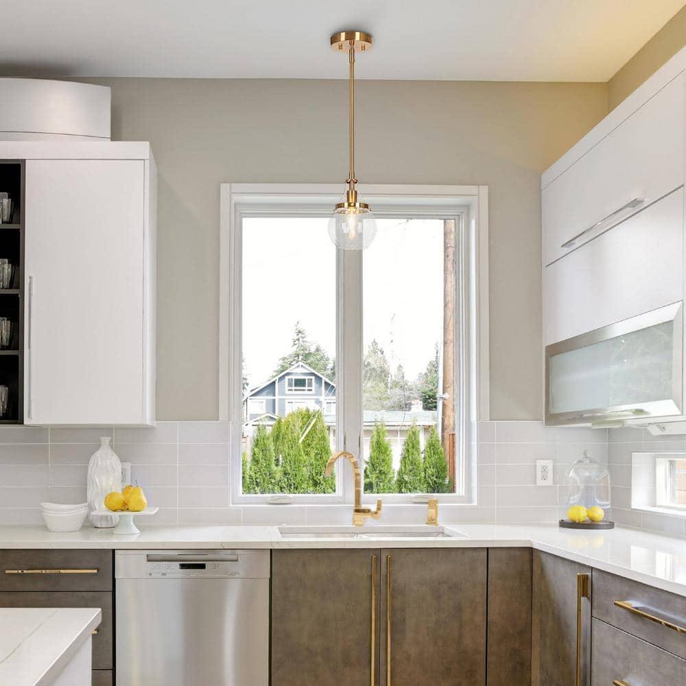 LNC Capensis 1-Light Matte Black and Polished Gold Clear Glass Globe LED Mini Indoor Kitchen Island Light: UL Listed, Adjustable Height