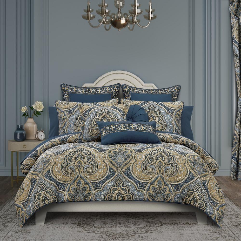 Navy and Gold Damask Microfiber Full Comforter Set
