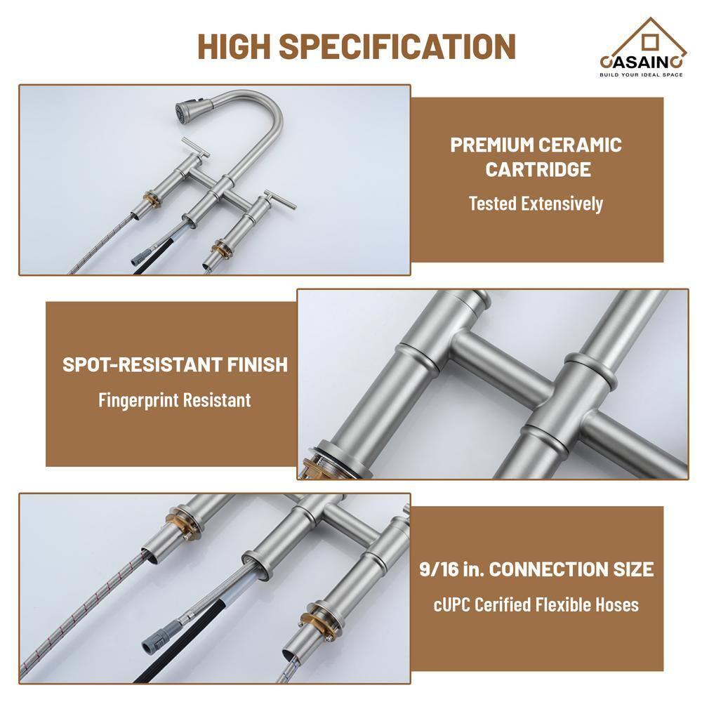CASAINC Sleek 2-Handle Bridge Kitchen Faucet with Three Function Pull-Down Sprayhead 1.8 GPM KCLT0001-BN