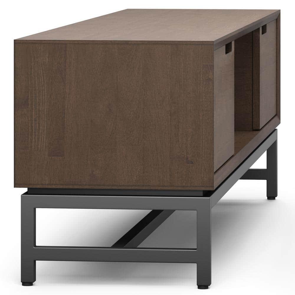 Simpli Home Banting 72"W Solid Hardwood Industrial Low TV Stand for TVs up to 80" with 2 Cabinets and Metal Base