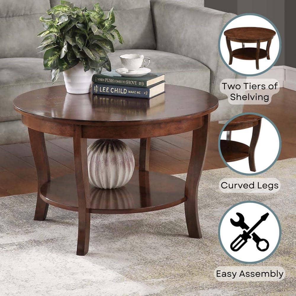 FurniFact Brown Round Coffee Table with Lower Shelf for Stylish Living Room Storage
