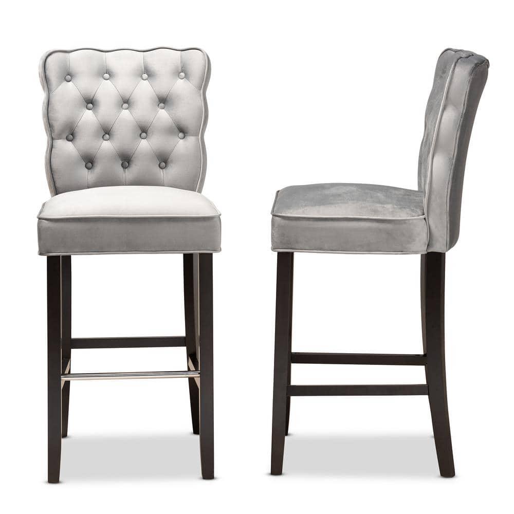 2pc Daphne Velvet Fabric Upholstered and Wood Counter Height Barstool Set Gray/Brown - Baxton Studio: Elegant Tufted Design, Silver-Tone Footrest