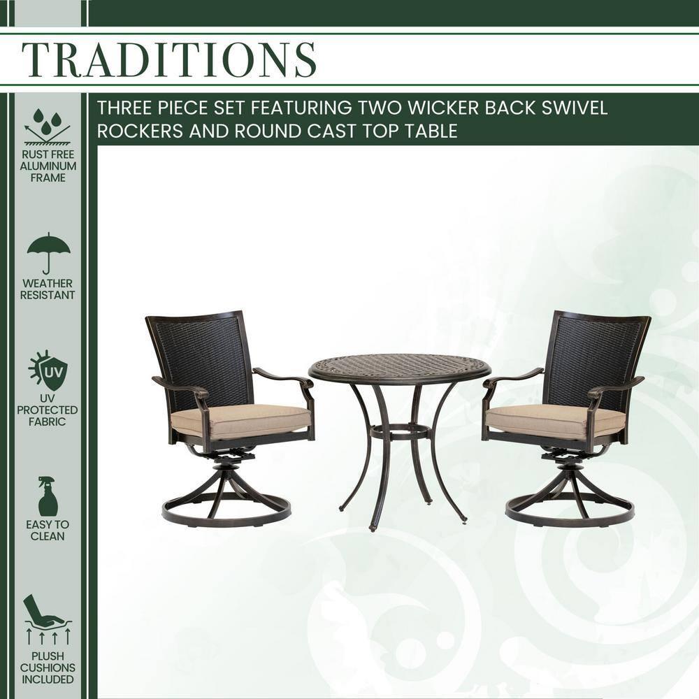 Hanover Traditions 3-Piece Outdoor Furniture Patio Bistro Set, 2 Cushioned Wicker Aluminum Swivel Rocker Chairs and 32" Round Cast Table, Natural Oat