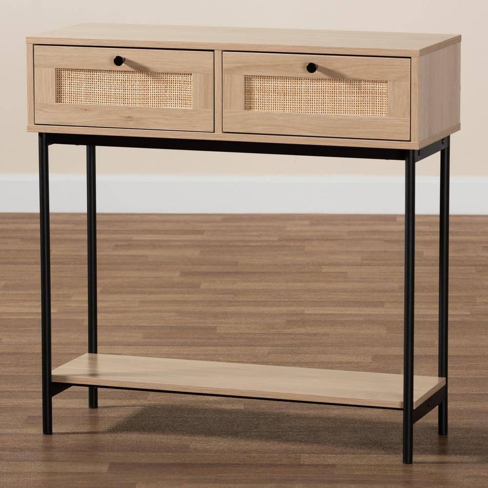 Sherwin 2 Drawer Console Table with Woven Rattan Accent Light Brown/Black - Baxton Studio:Entryway Storage