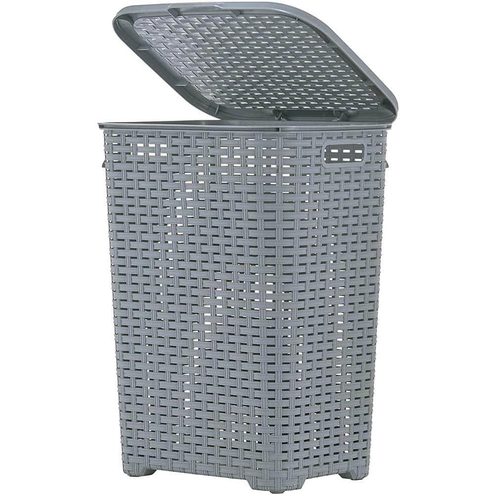 Gray Wicker Upright Hamper with Hinged Lid