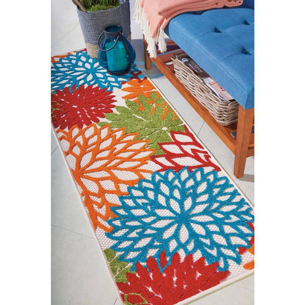 Nourison Aloha Floral Bloom Flatweave High-Low Indoor Outdoor Runner Rug Green 2' x 6'