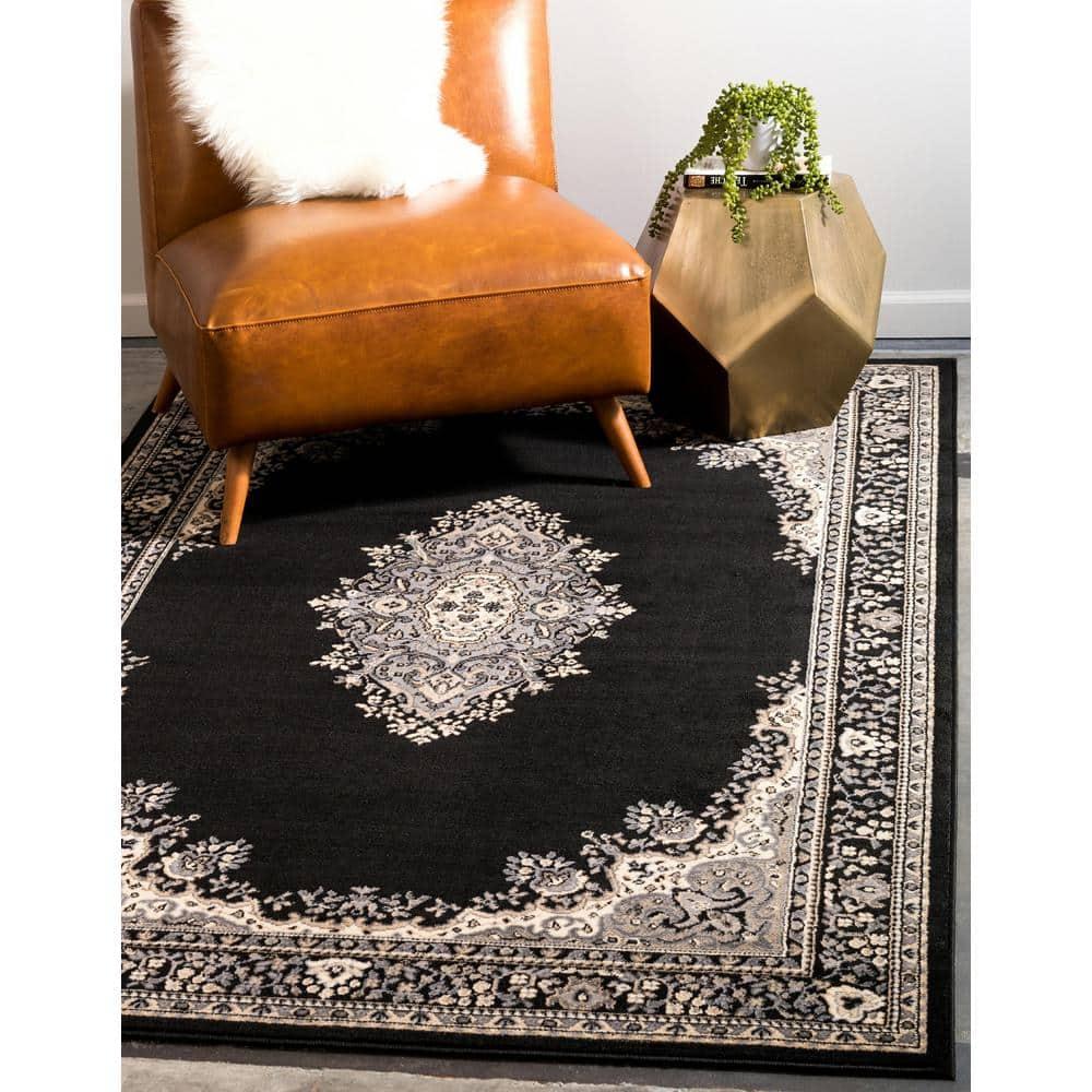 Unique Loom Reza Collection Traditional Persian Style Area Rug, Rectangular 5' 0" x 8' 0", Black/Beige