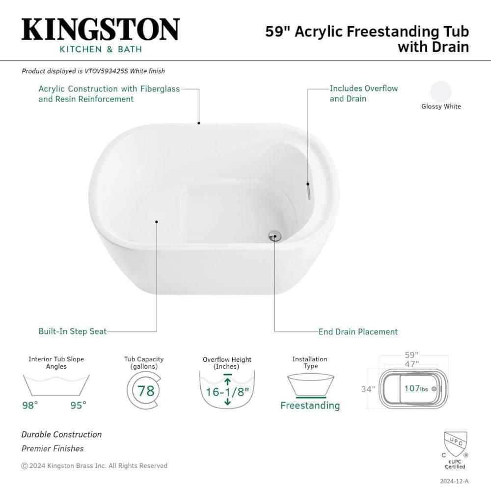 Kingston Brass Aqua Eden 59-Inch Acrylic Oval Double Ended Freestanding Tub with Drain and Integrated Seat