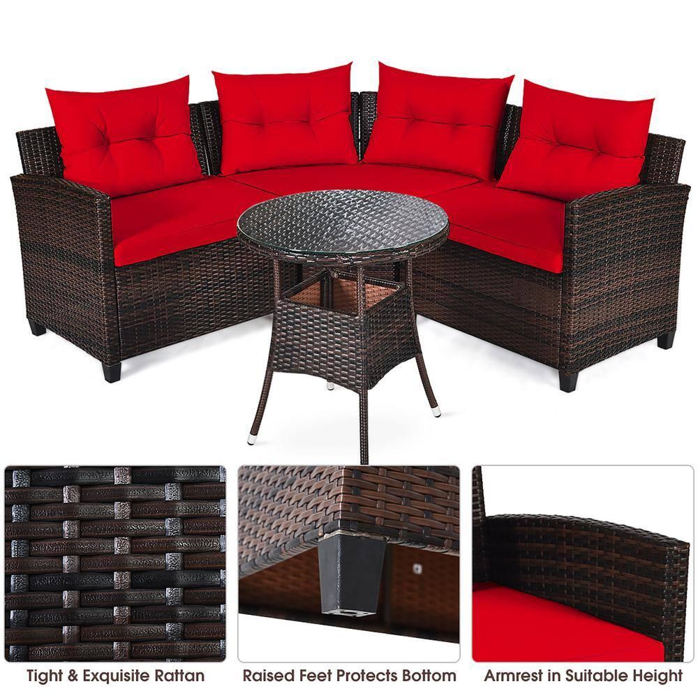 Costway 4PCS Outdoor Patio Rattan Furniture Set Cushioned Sofa Table Red