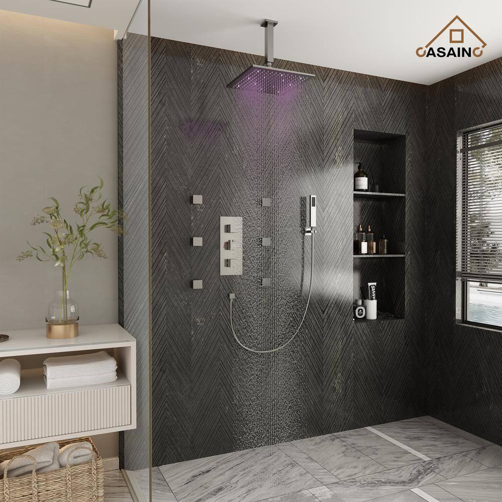 CASAINC LED Thermostatic Dual Shower Heads Ceiling Mount Fixed and Handheld Shower Head