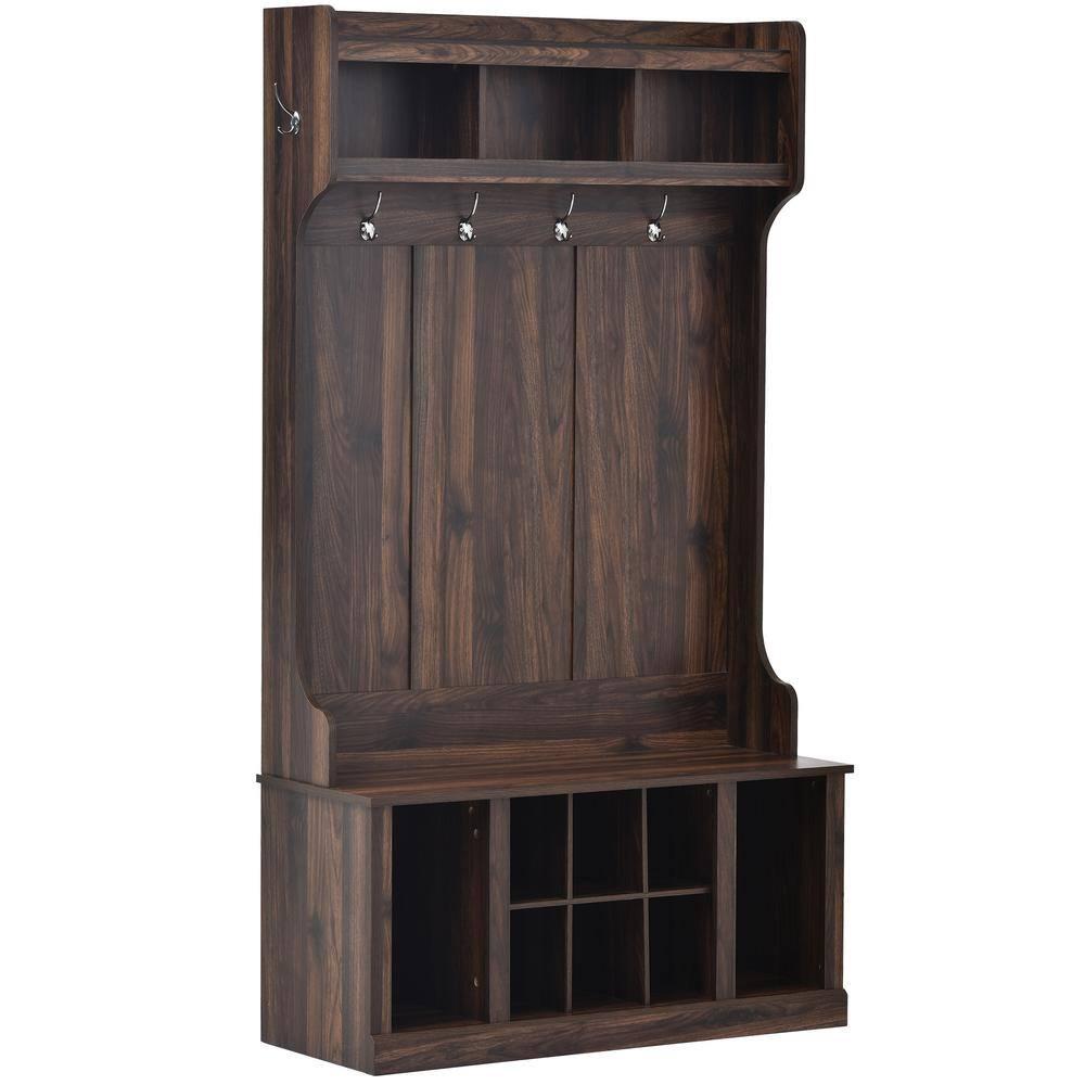 3 in 1 Hall Tree Coat Hanger Entryway Bench with 6 Hooks & Adjustable Shelves, Solid Wood Hallway Organizer with Storage Compartment for Hallway Living Room Mudroom, Brown