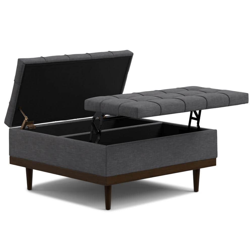 Slate Grey Tufted Lift-Top Cocktail Ottoman with Walnut Base