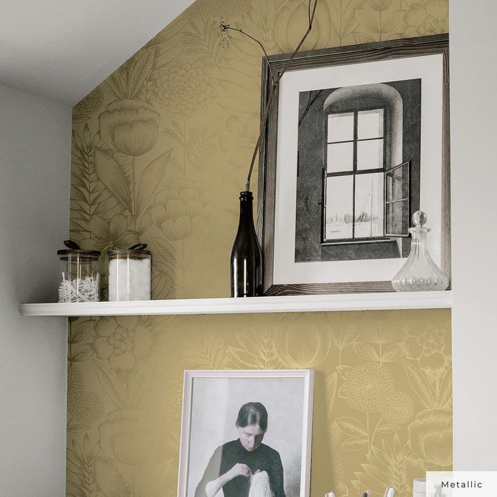 Tempaper & Co. Homestead Floral Removable Peel and Stick Wallpaper, Metallic Marigold, 28 sq. ft.: Vinyl, Self-Adhesive, Washable