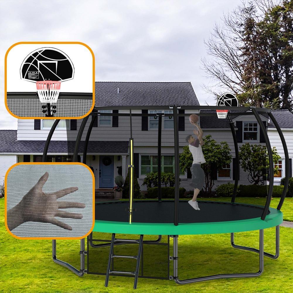 12FT Round Trampoline with Basketball Hoop for Kids, Outdoor Recreational Trampolines with Safety Enclosure Net & Ladder, 880 LBS Weight Capacity, Green