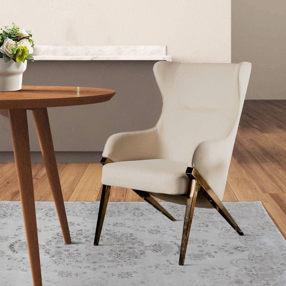 Arlo 33 Inch Accent Chair Contoured Wingback Beige Vegan Leather - Saltoro Sherpi