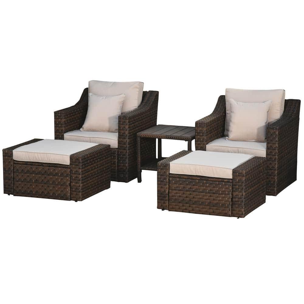 Outsunny 5 Piece Patio Furniture Set, All Weather PE Rattan Conversation Chair & Ottoman Set w/ Table, Cushions & Pillows Included, Beige