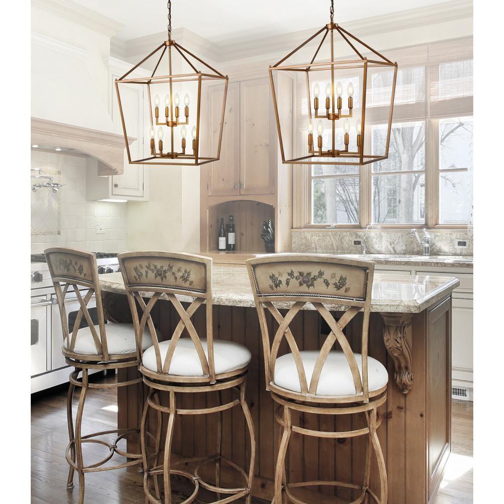 Pagoda 20" 8-Bulb Lantern Metal LED Pendant, Antique Gold