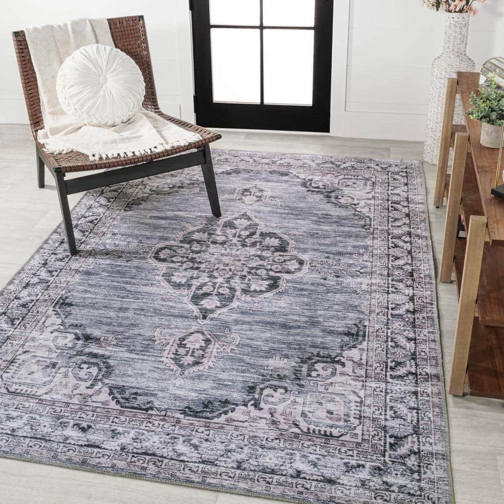 Wincer Chenille Cottage Medallion Machine-Washable Navy/Gray/Black 3 ft. x 5 ft. Area Rug - JONATHAN Y