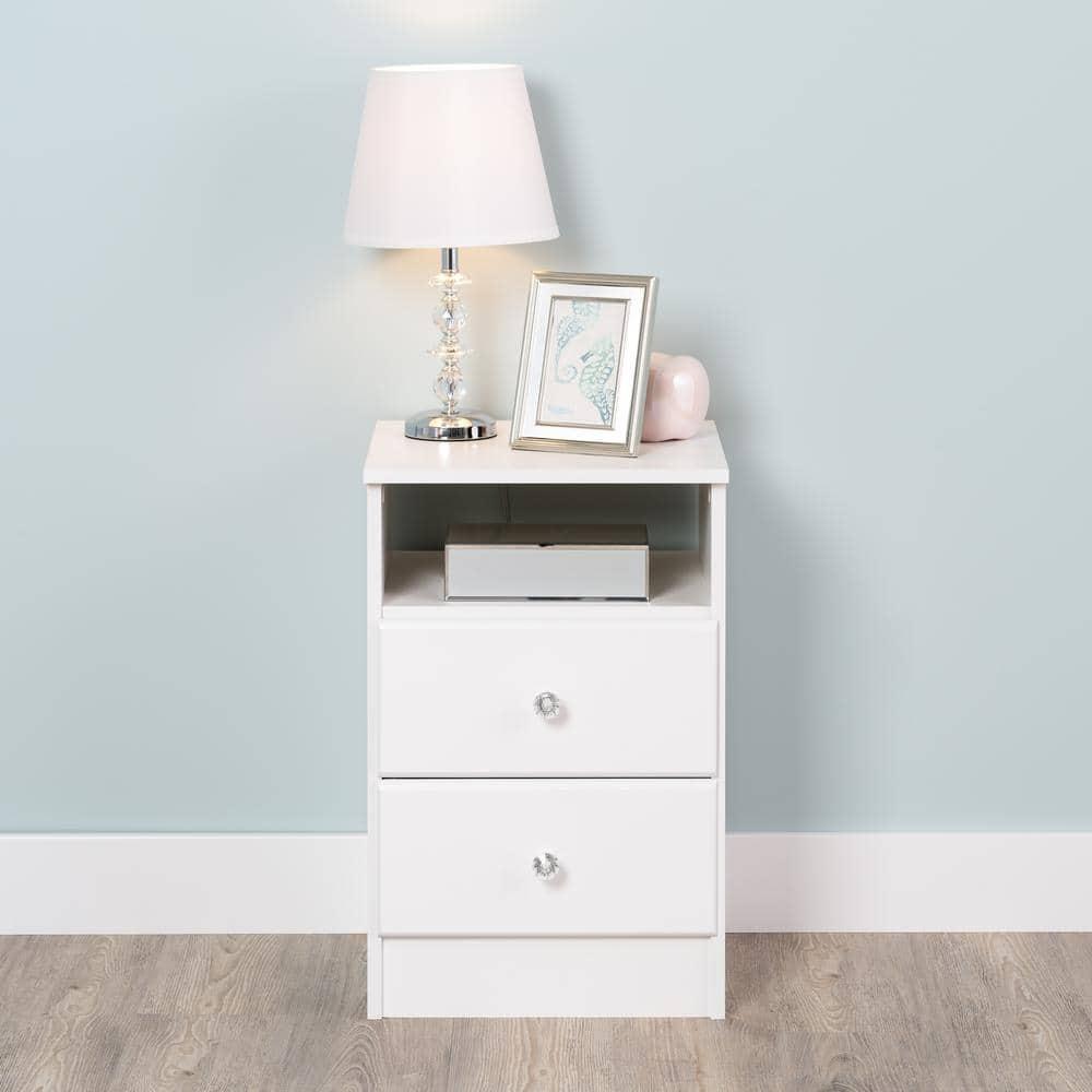 Astrid 2 Drawer Nightstand with Crystal Knobs White - Prepac: Modern Style, Open Shelf Storage