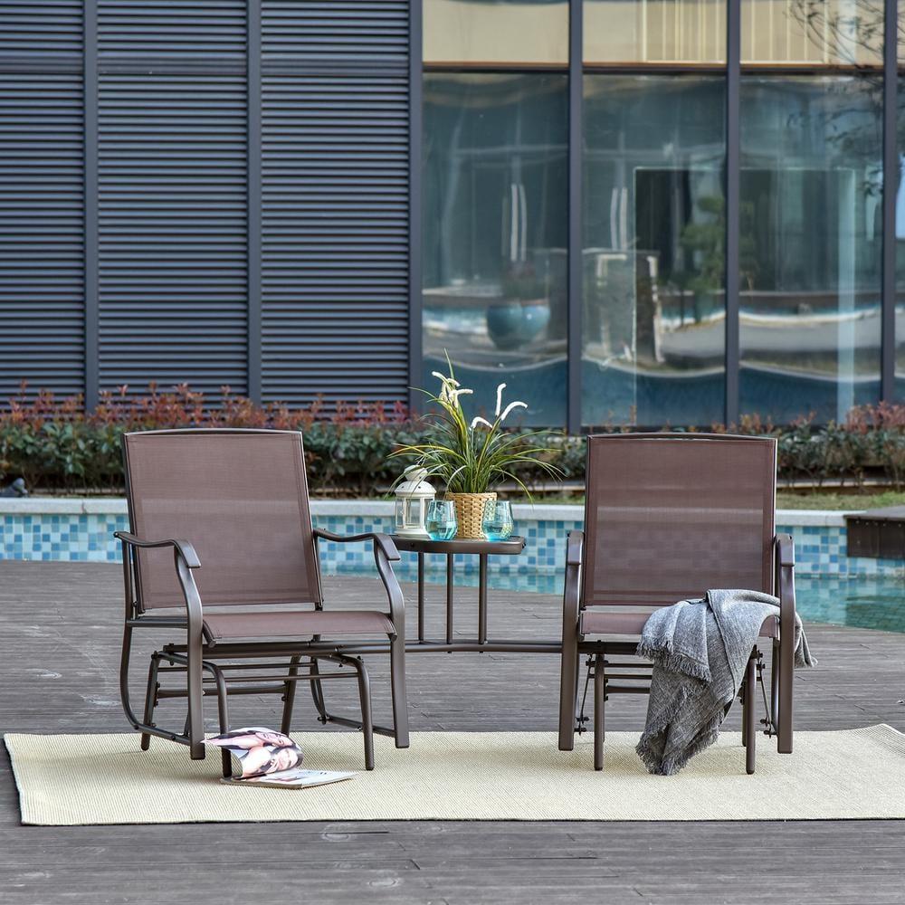 Outsunny Outdoor Glider Chairs with Coffee Table, Patio 2-Seat Rocking Chair Swing Loveseat with Breathable Sling, Coffee Brown