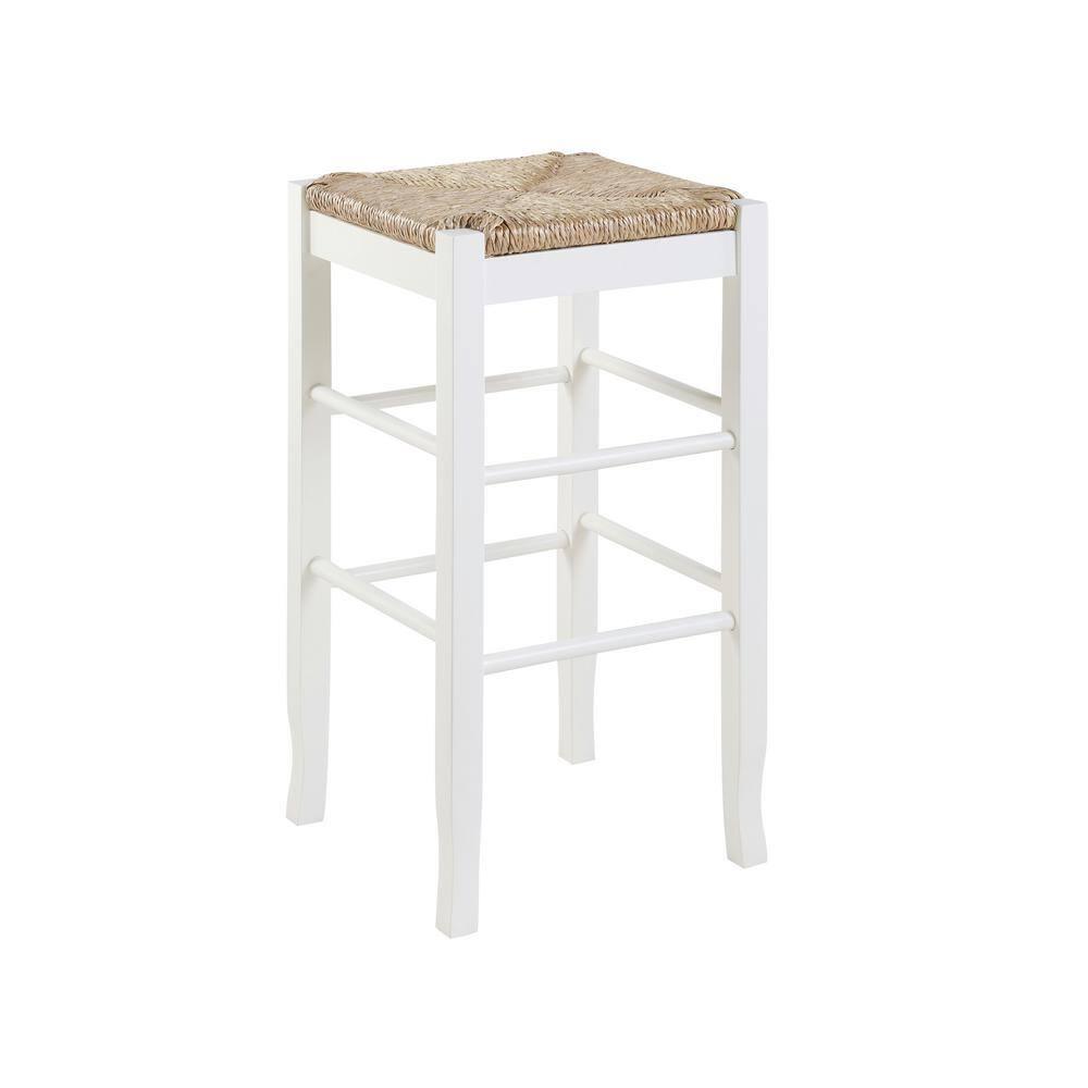 29" Rush Seat Hardwood Barstool White - Boraam: Solid Frame, Double Stretcher Bars, Handwoven Seat