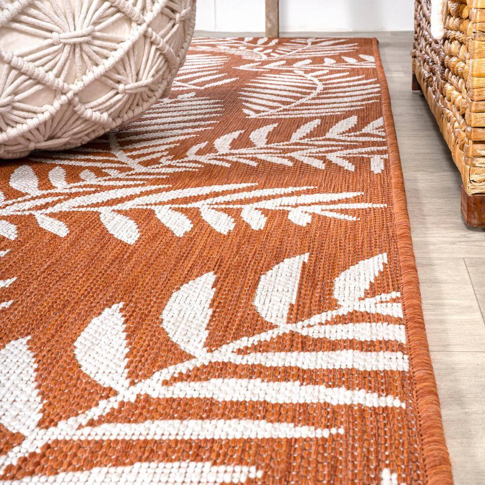 2' x 10' Nevis Palm Frond Indoor/Outdoor Runner Rug, Orange/Cream - JONATHAN Y