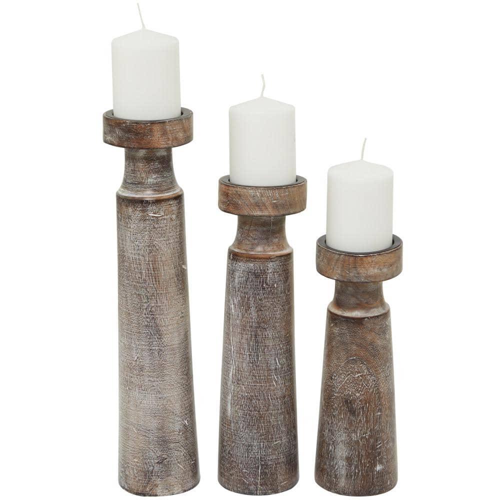 Olivia & May Set of 3 Rustic Cylindrical Mango Wood Candle Holders Brown: Modern Decor, Fits Pillar Candles