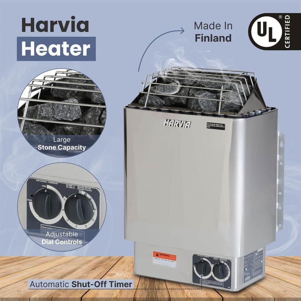 ALEKO Outdoor or Indoor White Finland Pine Wet Dry Barrel Sauna - Front Porch Canopy - 8 kW UL Certified KIP Harvia Heater -6-8 Person