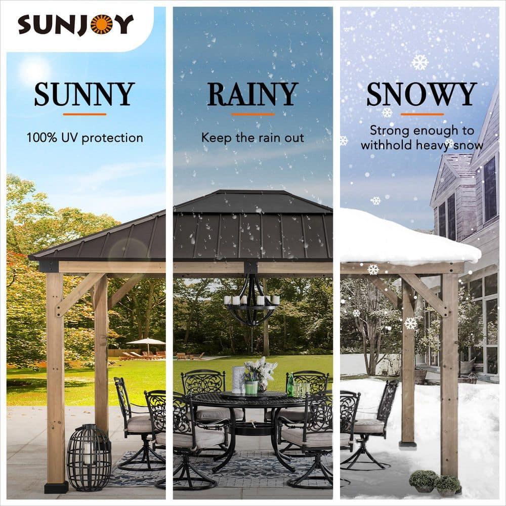 Sunjoy Sunjoy Hardtop Gazebo 11 x 13 ft. Upgrade Cedar Framed Wood Gazebos with Brown Steel and Polycarbonate Hip Roof Hardtop for Garden, Backyard Shade,