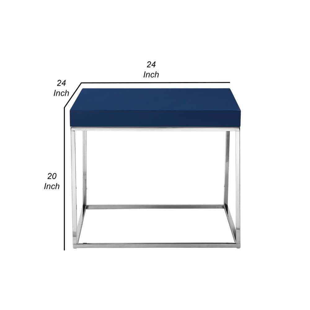Benjara BM314959 Zen 24 in. Side End Table, Square, Polished Blue Top - Chrome Metal