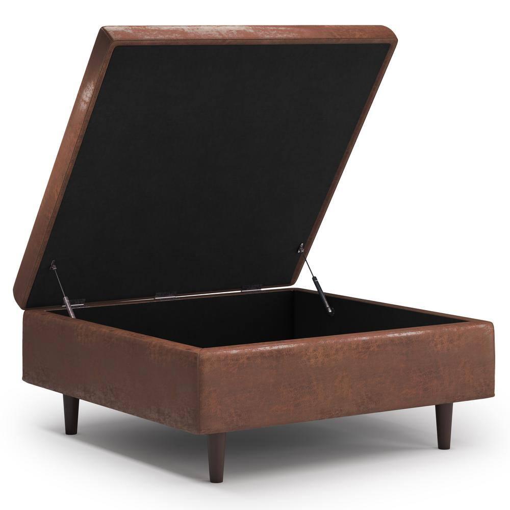 Simpli Home Shay 38 inch Wide Mid Century Modern Square Mid Century Large Square Coffee Table Storage Ottoman in Distressed Saddle Brown Vegan Faux Leather