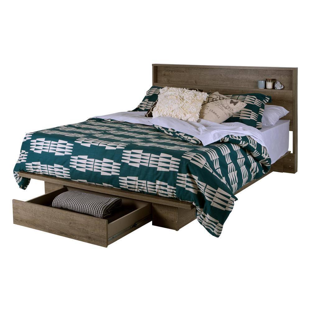 Queen Holland Platform Bed with Drawer Weathered Oak - South Shore