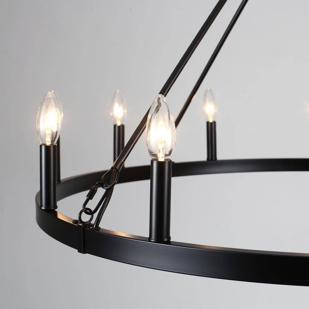 12-Light Black Farmhouse Candle Design Circle Iron Wagon Wheel Chandelier for Dining Room with No Bulbs Included