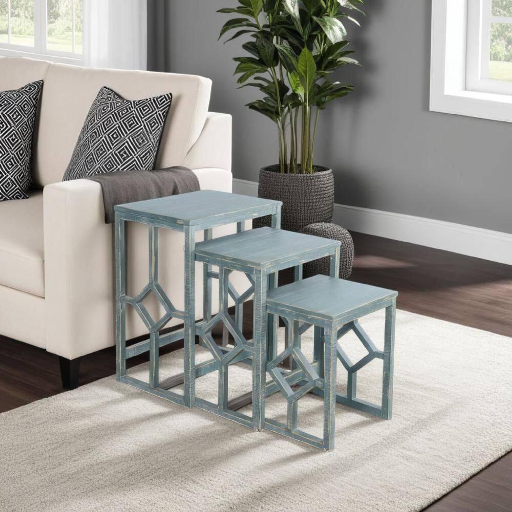Benjara Rena 3 Piece Nesting Accent Table Set | Geometric Frame | Distressed Pebble Solid Mahogany Wood