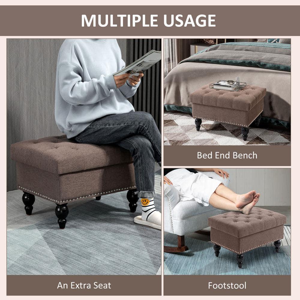 HOMCOM 25" Storage Ottoman with Removable Lid, Button-Tufted Fabric Bench for Footrest and Seat with Wood Legs, Coffee
