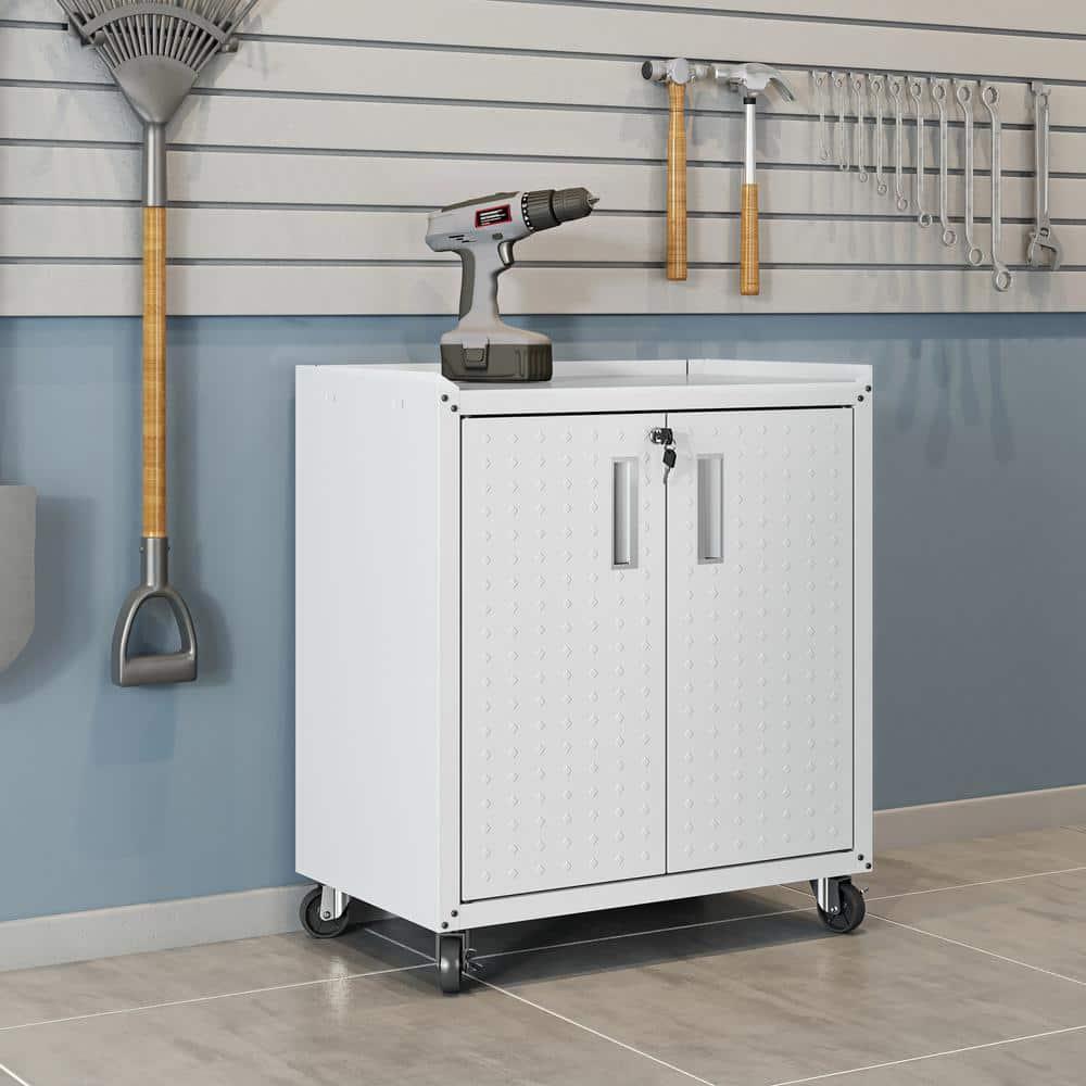 Manhattan Comfort Fortress Metal Mobile Garage Cabinet with Shelves in White