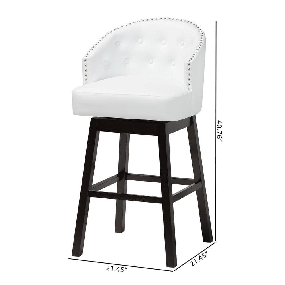 Set of 2 Avril Faux Leather Tufted Swivel Barstool with Nailhead Trim - White - Baxton Studio: Espresso Brown Legs, Rubberwood Frame