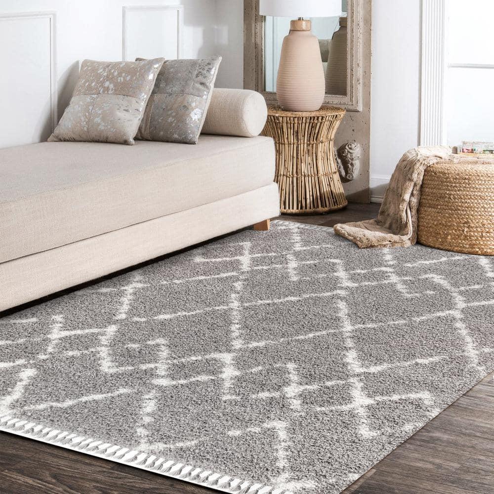3'x5' Mercer Shag Plush Tassel Moroccan Geometric Trellis Area Rug, Grey/Cream - JONATHAN Y