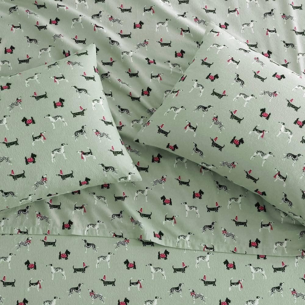 Holiday Pups Green Cotton Flannel Full Sheet Set