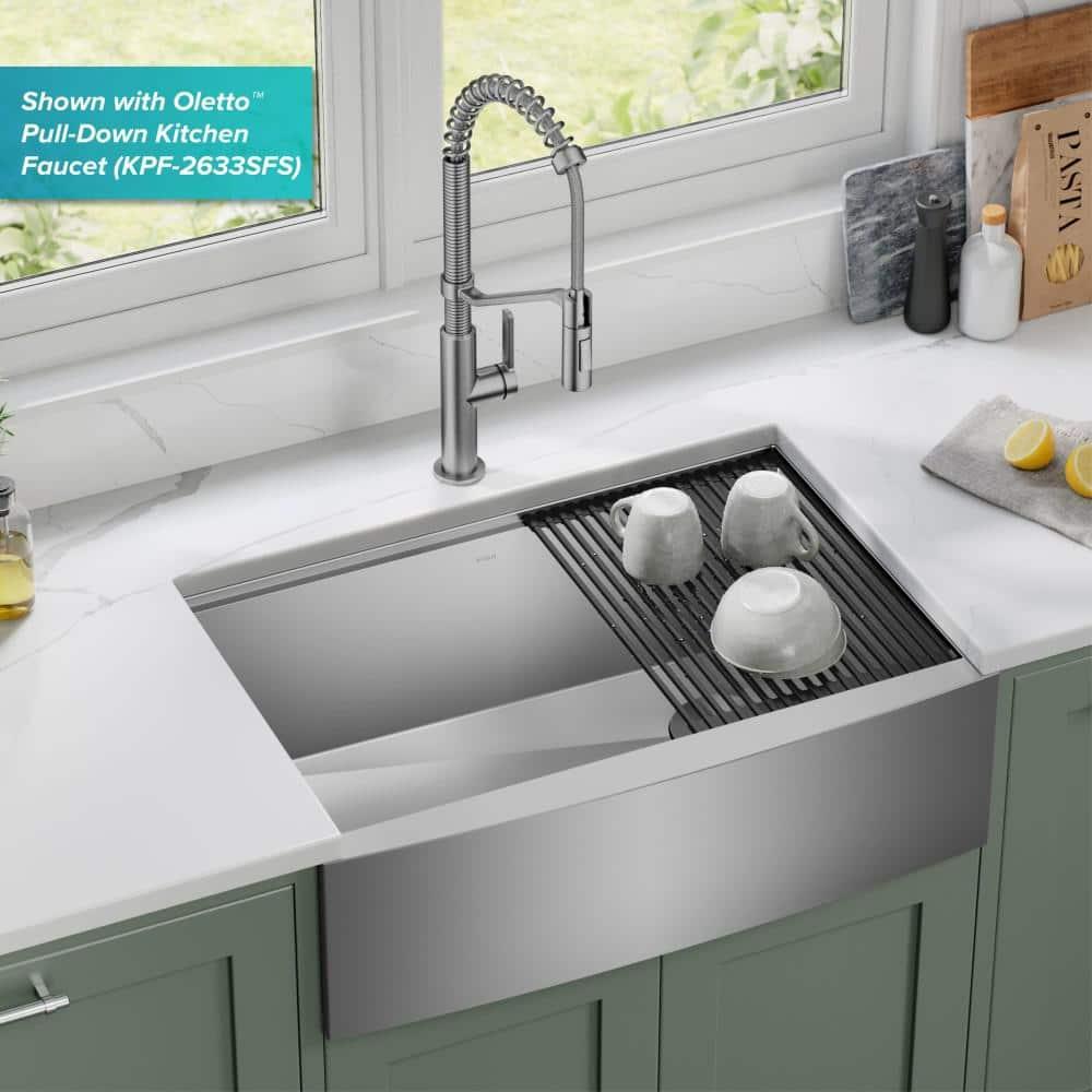 KRAUS Kore™ Workstation 30-inch L 16 Gauge Stainless Steel Single Bowl Farmhouse Kitchen Sink with Accessories